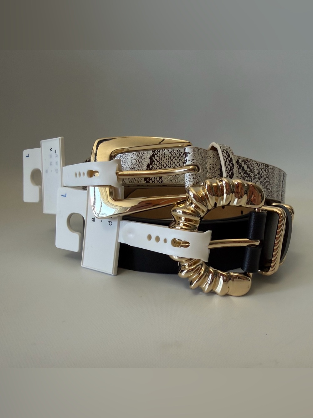 Women’s 2-Piece Belt Bundle Gold Buckle Black & Snakeskin Print Size L